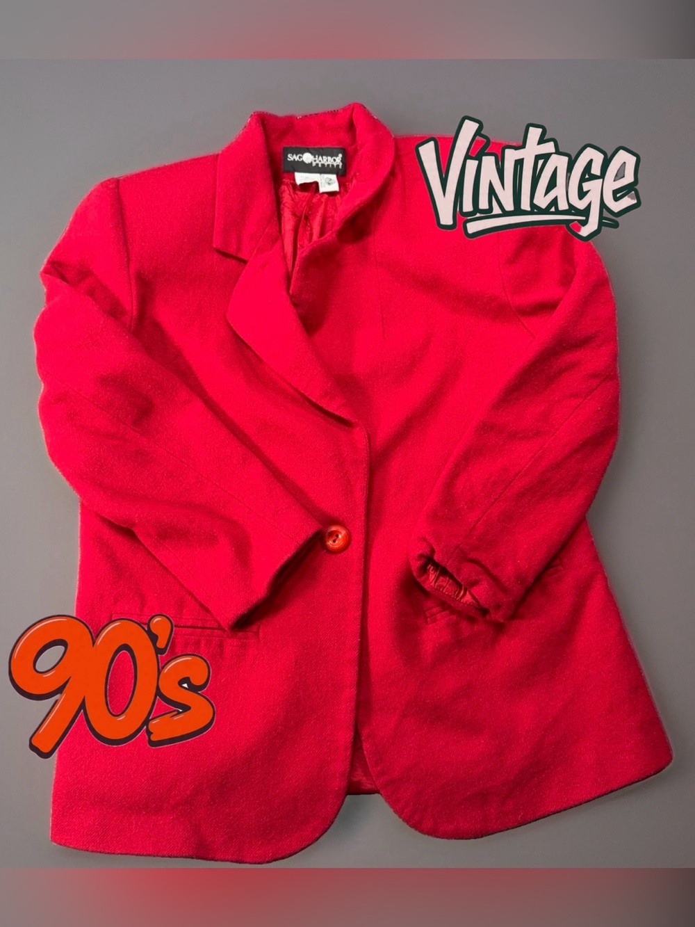 Vintage Sag Harbor Blazer 8P Petite Red 100% Wool Single Button Jacket Womens